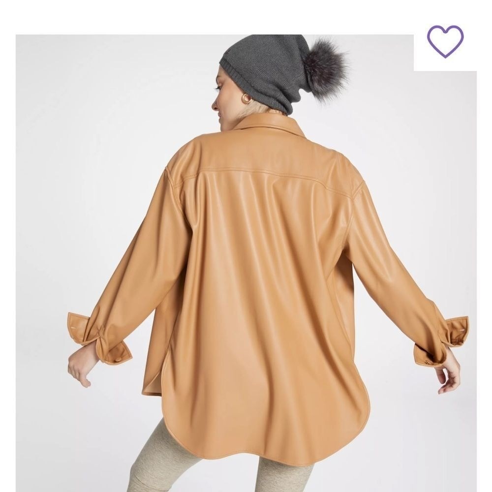 CALIA Womens Patchpocket Long Line Faux Leather Shirt Tan Large NWT